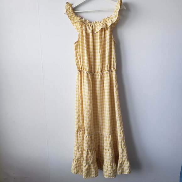 Max Studio Ruffle Neck Plaid/Checks Yellow Peasant Tiered Boho Dress size XL - Picture 2 of 6